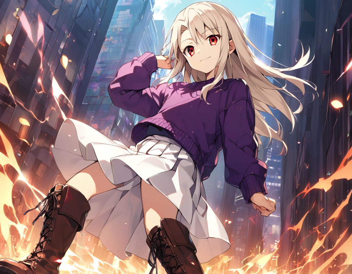 1girl(fate stay night, Illyasviel von Einzbern, cool, white long hair, red eyes, purple sweater, white skirt, leather boots, light smile)