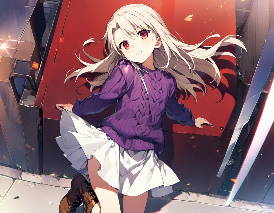 1girl(fate stay night, Illyasviel von Einzbern, cool, white long hair, red eyes, purple sweater, white skirt, leather boots, light smile)