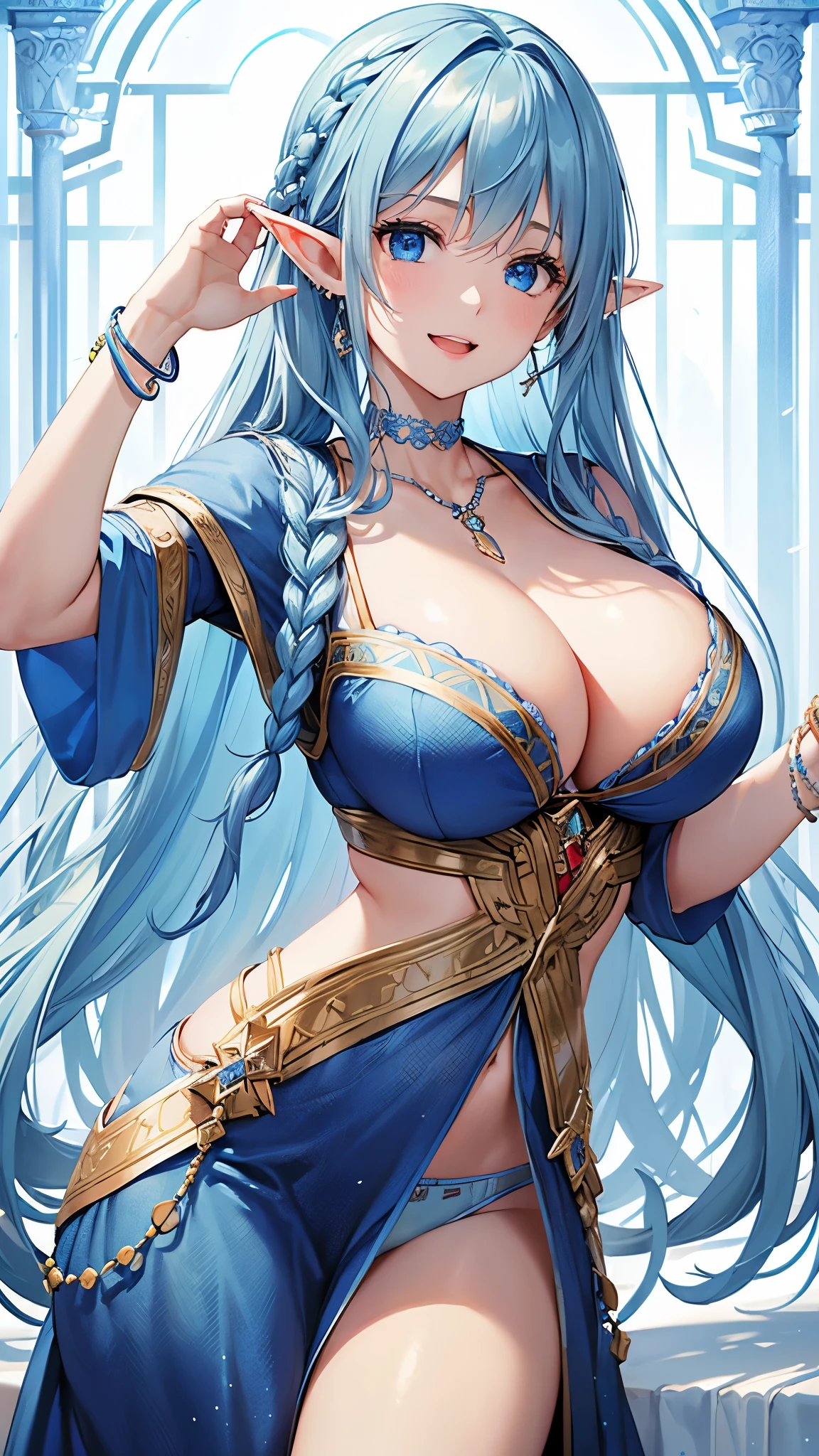 Highest quality、Highest quality、masterpiece、(8k resolution),beauty(Age 25)、(Mature Appearance)、Light blue long hair(Braiding of sides)、blue eyes、(Blue underwear with detailed embroidery)、(Elf)、Big cleavage、((Very large breasts))、smile、blue necklace、Blue Earrings、background(ice)、Please open your mouth wide、bracelet、Dynamic pose、Blue choker、