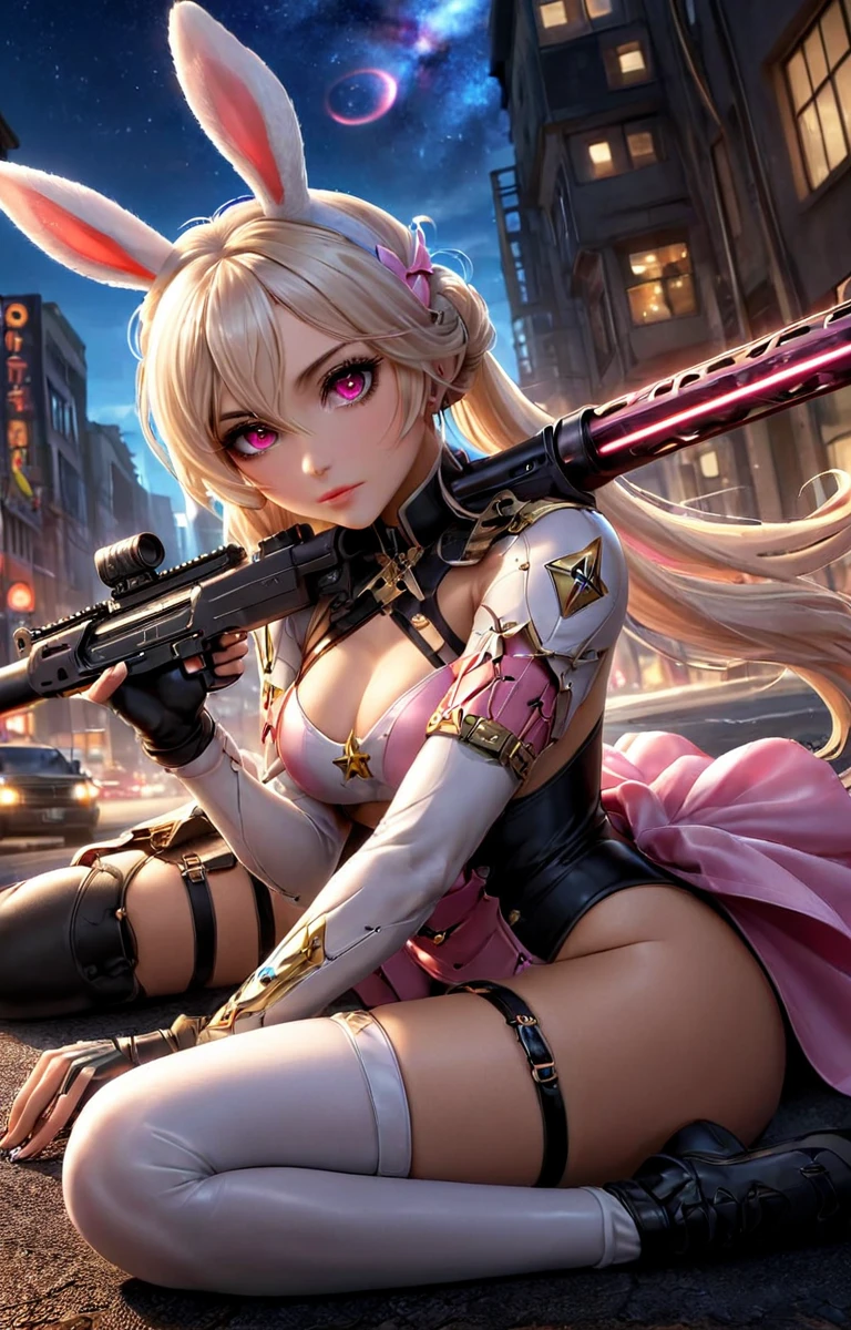 ((Surreal)) スナイパーライフルを持ったスーパーマリオブラザーズのセクシーなピーチ姫のmovieのような写真, Perfect Eyes, (Hair Ribbon:0.4), Pink Eyes,(((White bun hair))),(((Pink long hair))),Striking a sexy pose while holding a sniper rifle, (A pink plastic sniper rifle with a 1up star on the side), Bowser&#39;s Castle action scene, Lava Ball,
35mm Photography, movie, Bokeh, Professional, 4K, Very detailed,  