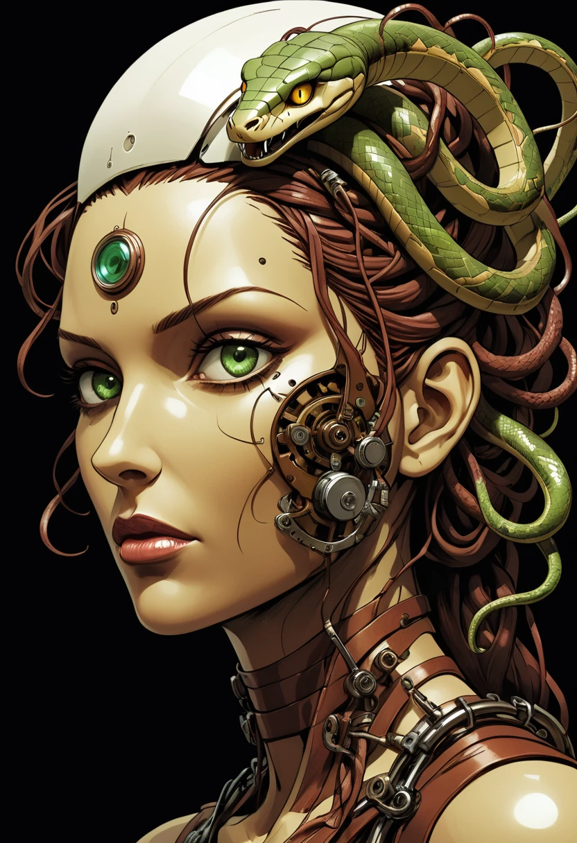 mechanical creature, medusa, snake creature, snake woman hybrid, mechanical snakes on head, mechanical medusa, splash page decompressed comic cover art, joelle jones style expressive ink comic, rich color grading, rotoscope hyperrealism, frederic delavier musculature anatomy detailed accurate precise illustration, internal mechanics of robotic marionette, cinematic, chiaroscuro lighting, surreal, slender, filled with steampunk gears and machinery, vertigo, overwhelming, intense, depth,