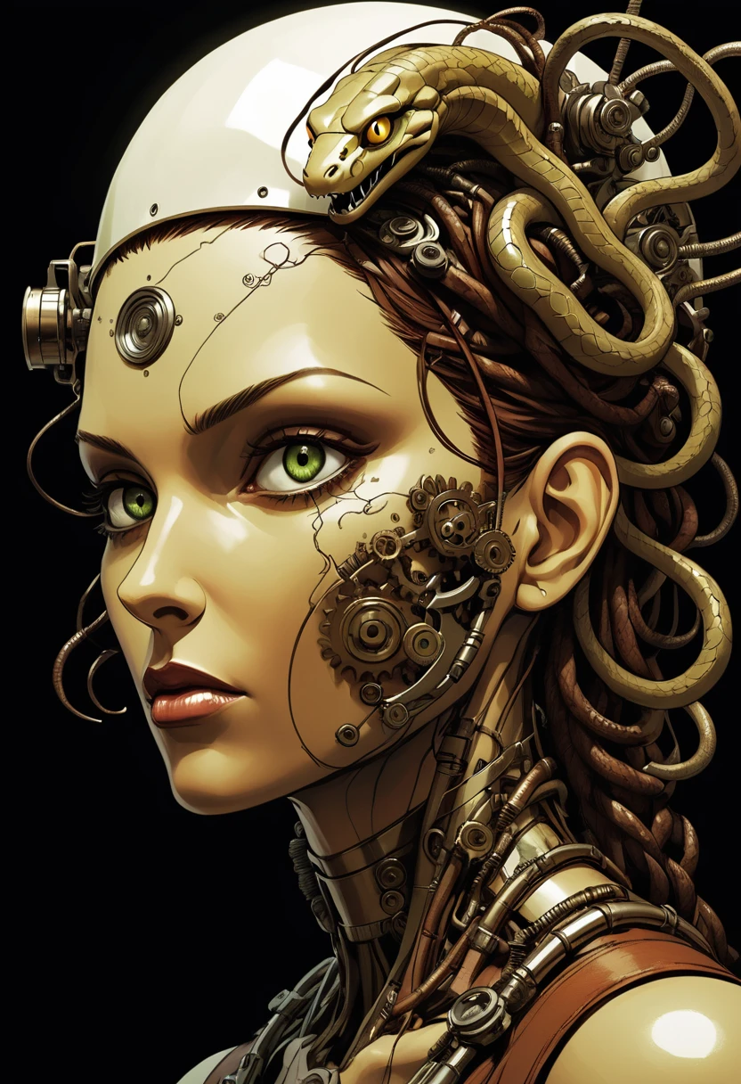 mechanical creature, medusa, snake creature, snake woman hybrid, mechanical snakes on head, mechanical medusa, splash page decompressed comic cover art, joelle jones style expressive ink comic, rich color grading, rotoscope hyperrealism, frederic delavier musculature anatomy detailed accurate precise illustration, internal mechanics of robotic marionette, cinematic, chiaroscuro lighting, surreal, slender, filled with steampunk gears and machinery, vertigo, overwhelming, intense, depth,