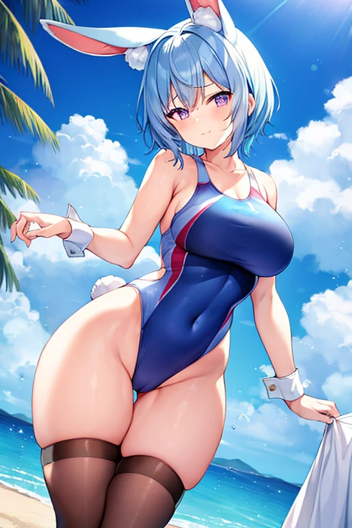 1girl, rabbit ears, animal ear fluff, ((animal ear fluff)), light blue hair, blue hair, very short hair, purple eyes, one eye closed, breasts, wide hips, large breasts, thick thighs, hourglass figure, light smile, one-piece swimsuit, competition swimsuit, bare legs, mature female, beach, blue swimsuit, blue one-piece swimsuit, ((competition swimsuit)), (mature female),