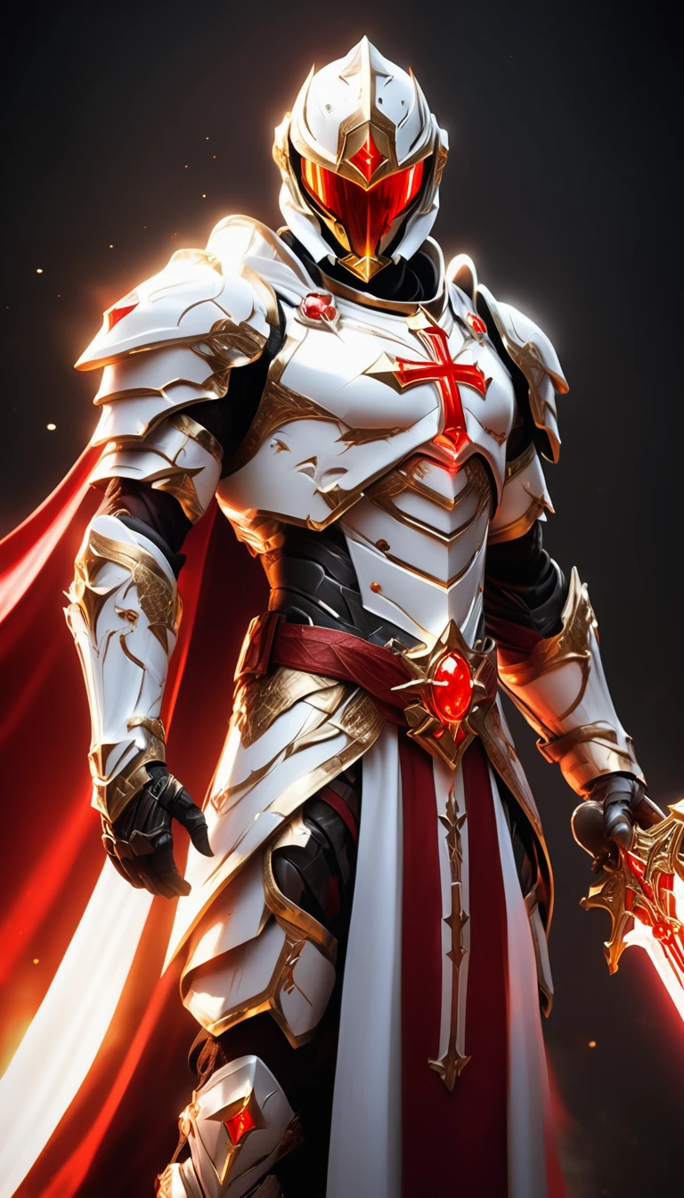 Masterpieces, male, Holy white Knight, (white armor) Action style shot, Glowing red colored Christian cross on chest made of a large gem on chest (Battle Priest in a warframe and halo style armor wielding a glass sword with radiant red light, emanating potent gold light magic.), (action shot: brandishing radiant glass sword), (white, red and silver color scheme), (5 red gems on belt), (large Christian cross on chest and abdomen), (red magic effects), (redhalf cape), white and red tabard (solid gold color background), (gold magic background effects), centered, full body shot fighting, sci-fi knight, Halo master chief, vibrant colors, visible figure joints, cinematic shot, volumetric lighting, intricate pattern detail, highly detailed