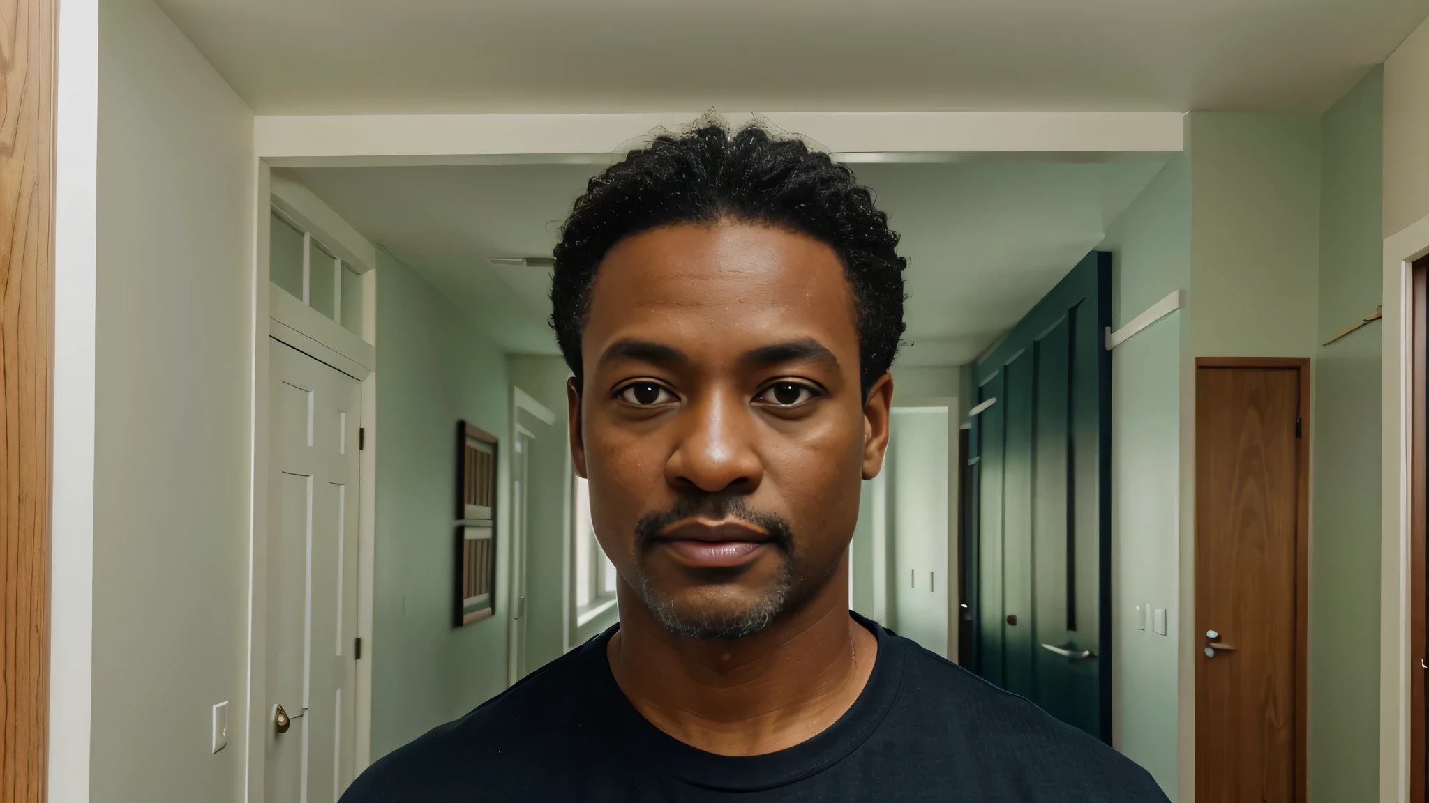 Realistic image of a middle-age black man navy blue T shirt, up against a green wall doorway open seeing into the hall with woodgrain framing.