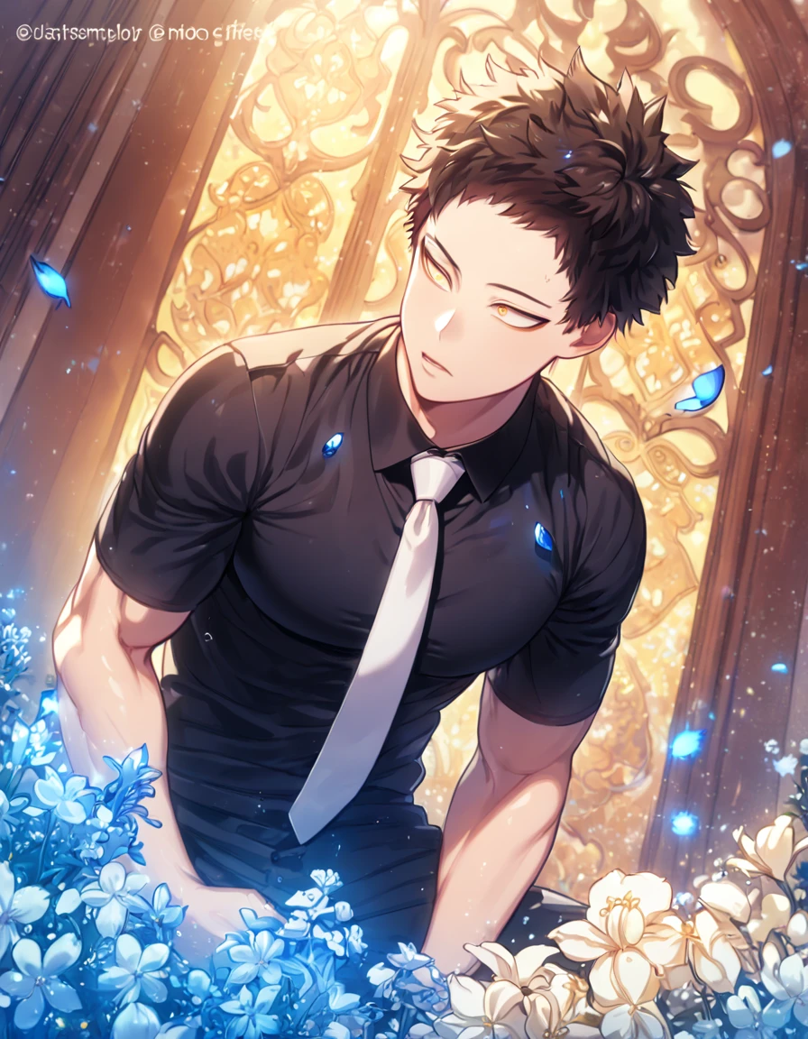 absurdres, highres, ultra detailed, HDR, master piece, Overhaul, dark brown hair, short hair, short bangs, expressive yellow eyes, long eyelashes, black shirt, white necktie, toned chest, Boku No Hero Academia, sexy man, room, handsome, best quality, flowers, fantasy, magical, solo, blue shining fireflies, blue petals, horny, sensual