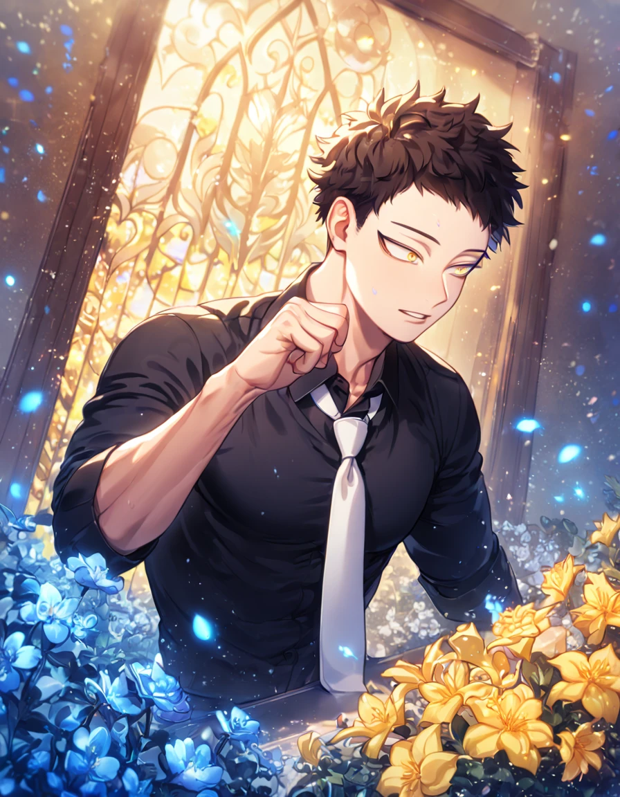 absurdres, highres, ultra detailed, HDR, master piece, Overhaul, dark brown hair, short hair, short bangs, expressive yellow eyes, long eyelashes, black shirt, white necktie, toned chest, Boku No Hero Academia, sexy man, room, handsome, best quality, flowers, fantasy, magical, solo, blue shining fireflies, blue petals, horny, sensual