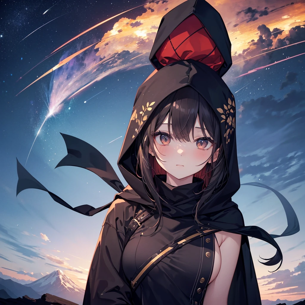 ((masterpiece)), ((One beautiful woman:1.5)),,Ninjaのコスチューム,Black Hood,View your viewers,Night sky from the top of the mountain,Very delicate look、Fantasy、Ninja、Black Hair、Triangle Strategy Hewett,Brown cloak、Put a sword on your back、