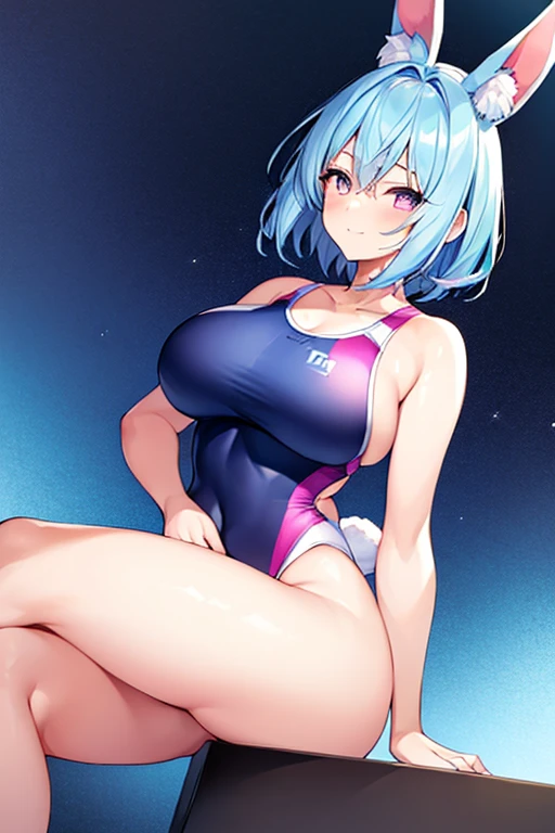 1girl, rabbit ears, animal ear fluff, (animal ear fluff), light blue hair, blue hair, very short hair, purple eyes, one eye closed, breasts, wide hips, large breasts, thick thighs, hourglass figure, light smile, one-piece swimsuit, competition swimsuit, bare legs, mature female, beach, blue swimsuit, blue one-piece swimsuit, ((competition swimsuit)), (mature female),