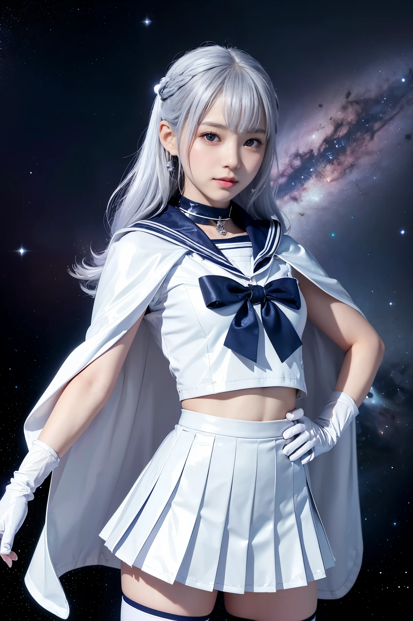 (((Silver colored hair)))、(((A Japanese girl wearing a shiny short-sleeved sailor uniform with elbow gloves and a cloak over it.,smile)))、(((Silver White Latex Sailor Collar)))、(((Silver White Latex Pleated Skirt)))、choker、Earrings、ribbon、((belly button))、 (((Sailor Warrior Uniforms)))、、Beautiful ornaments: 美しいPerfect Face, Soft Skin、Perfect Face, Intricate details, Splash screen, 8k resolution, masterpiece, Cute Face、(((Space Background)))、Queen of Queenasterpiece, Highest quality, Highest quality, Official Art, Beauty and aesthetics: 1.2), (One girl: 1.3)