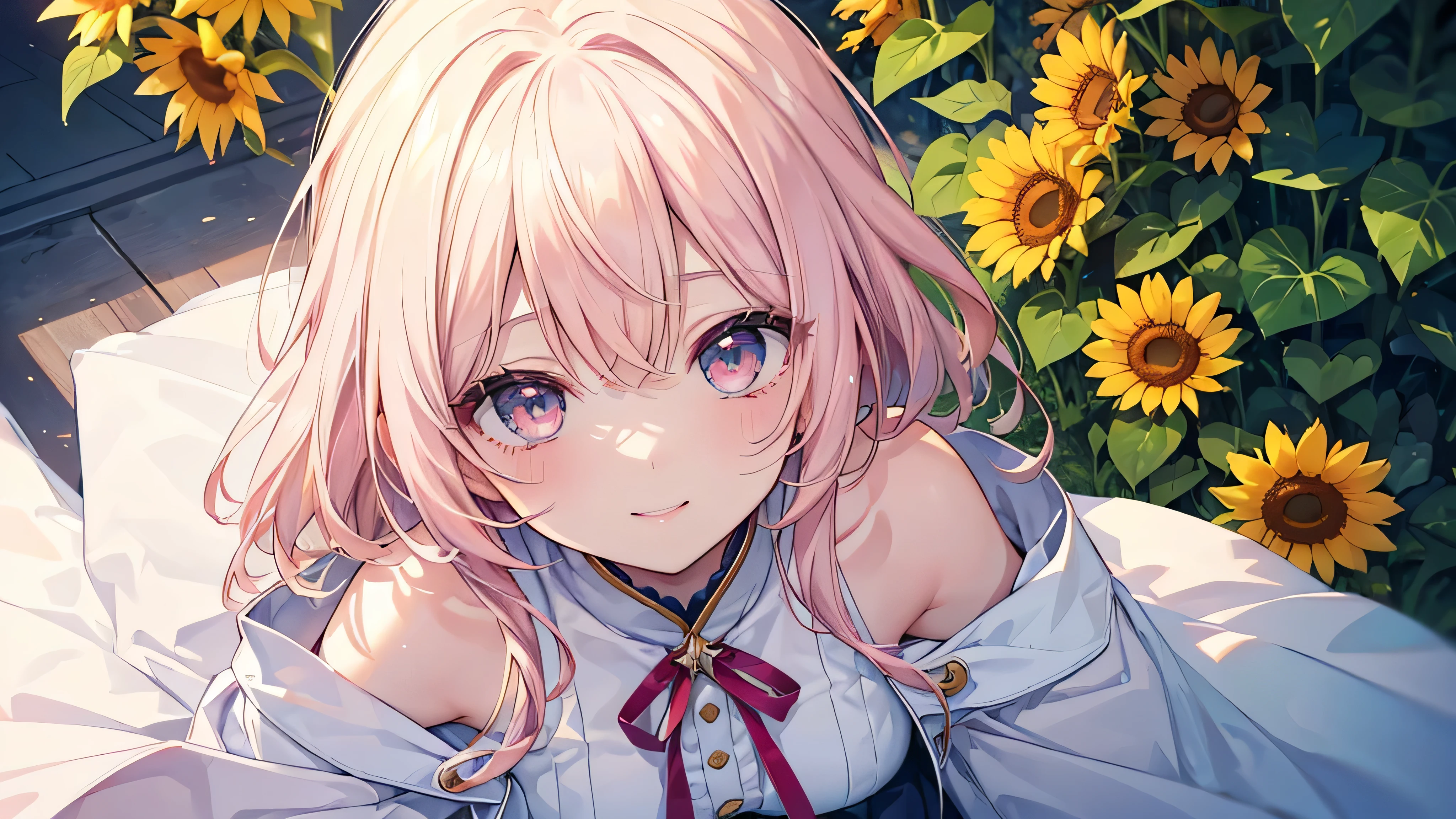 （sunflower), ((Beautiful eyes)), (((The best smile,Angle from above))), (((Highest quality、masterpiece、Ultra-fine、Ultra-fine、Exquisite、16K、Full HD,high school girl))) 、Long eyelashes、White skin、(thin and long)、 ((cute)) ((one person)),Zoom out,(A magnificent composition、epic proportion)、(Pale pink lips、Pale pink cheeks、thin and long)、Dynamic lighting,（Let&#39;s smile like a sunflower Let&#39;s face difficulties without giving in Let&#39;s spread brightness and energy to those around us）
