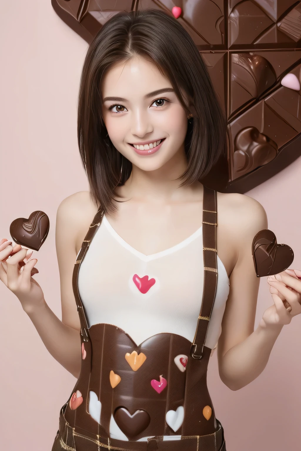 (masterpiece, Highest quality, High resolution:1.4), beautiful girl, (Realistic skin:1.4), (beautiful face and hair:1.4), Baby Face, smile, ************, (Skinny body type:1.3), (Flat Chest:1.3), plaid overalls, Short Hair, (Making a heart with both hands:1.3), BREAK(Countless chocolate objects:1.5), (from the front:1.5)
