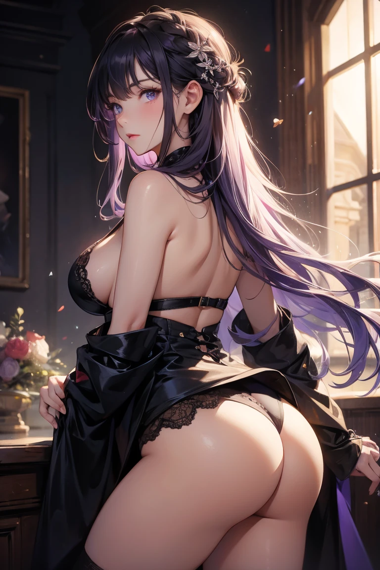 shoulder to shoulder dresser, best qualityer, high resolution, 1 girl, Super high resolution, standing alone, Stockings, purples eyes, , long hair, bangss,necklase, witheout panties, VAGINA Linda, without bra, Beautiful breasts, on his knees, beautiful ass, ass wide open, calcinha bem fina.