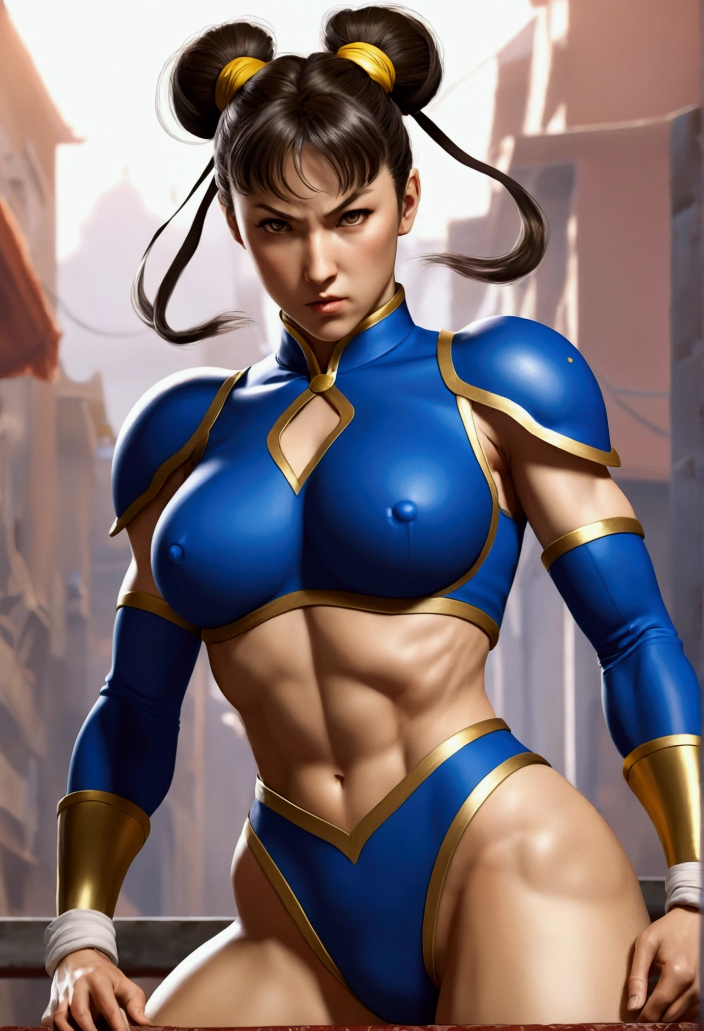 Genera a la Chun Li, Chun Li, Chun Li con su uniforme roto y las tetas de fuera pero en posición de pelea