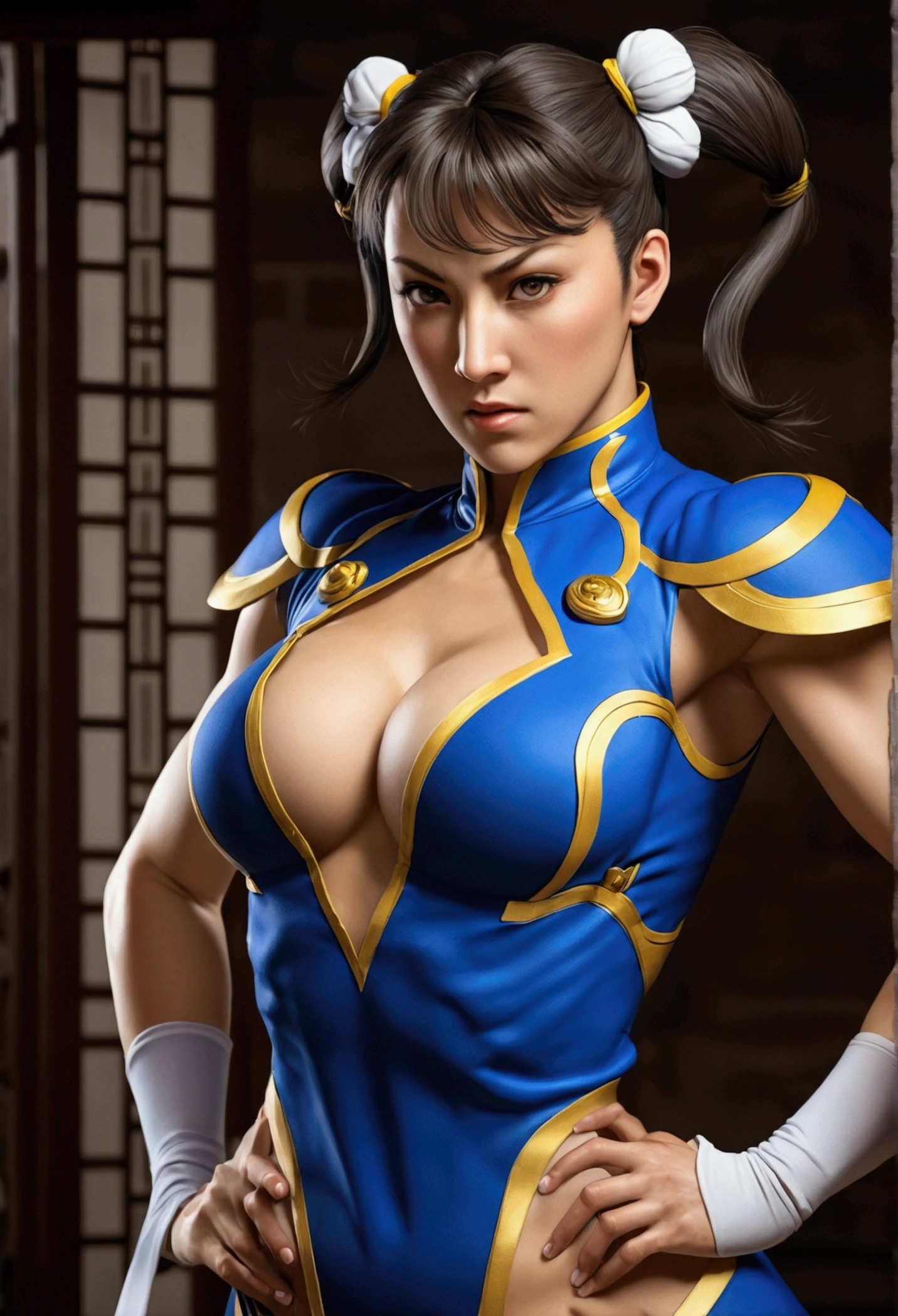 Genera a la Chun Li, Chun Li, Chun Li con su uniforme roto y las tetas de fuera pero en posición de pelea 