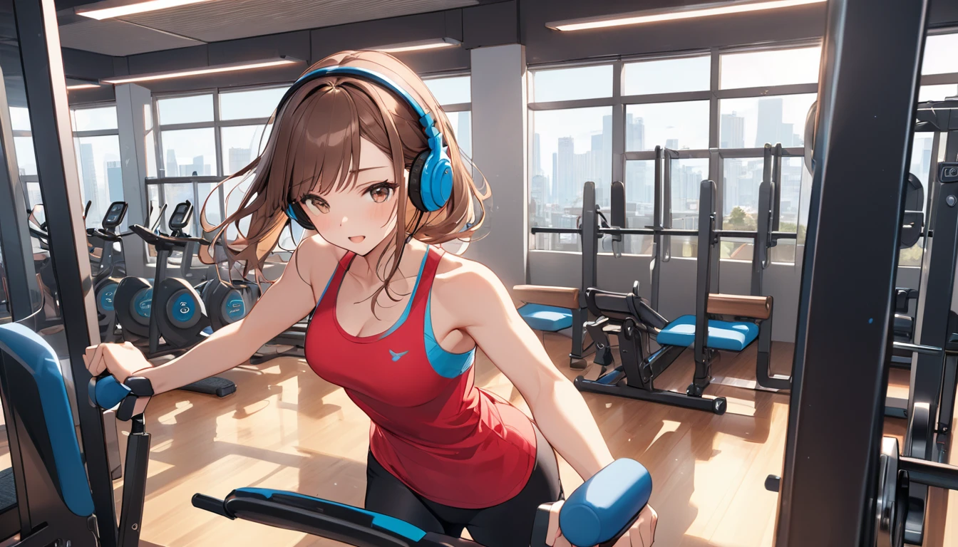 Brown-haired girl wearing headphones、Fitness Gym Very detailed、masterpiece, Highest quality, Light background：Modern fitness gym look：Costume of someone concentrating on exercising：Sportswear pose：Training on an exercise machine：Energetic gym atmosphere
(Detailed fingers), (Emotional), (Breathtakingly beautiful), (main part:1.2 Whole body), (Anime Style), (Very detailed), (超High resolution, High resolution), (8k), (Complex and beautiful: 1.2)
