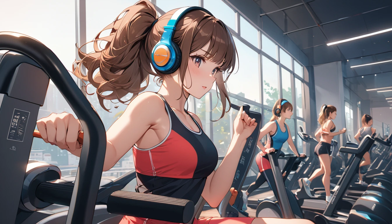 Brown-haired girl wearing headphones、Fitness Gym Very detailed、masterpiece, Highest quality, Light background：Modern fitness gym look：Costume of someone concentrating on exercising：Sportswear pose：Training on an exercise machine：Energetic gym atmosphere
(Detailed fingers), (Emotional), (Breathtakingly beautiful), (main part:1.2 Whole body), (Anime Style), (Very detailed), (超High resolution, High resolution), (8k), (Complex and beautiful: 1.2)
