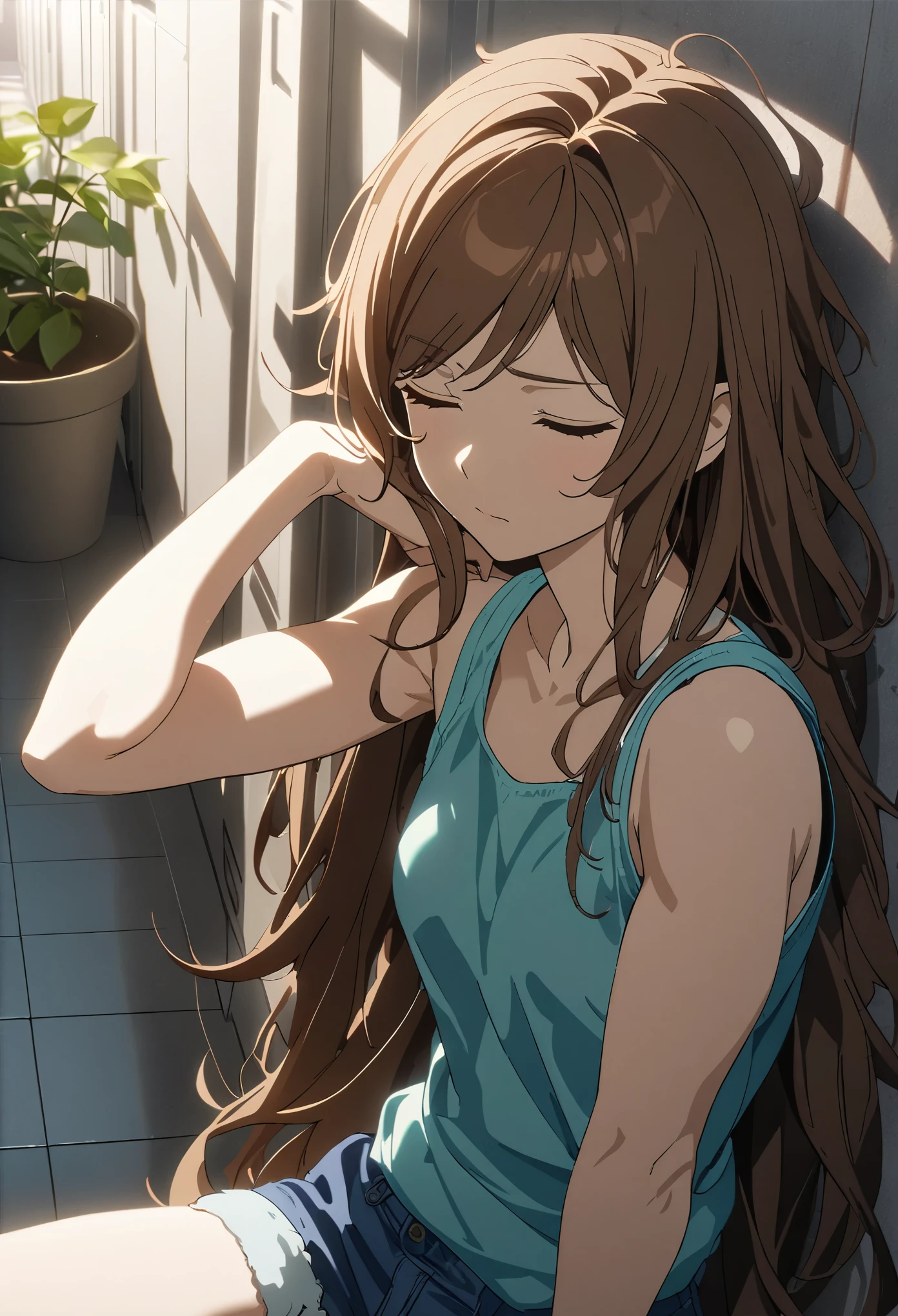 anime, ((close up, unconscious, leaning against wall, eyes closed), very long hair, brown hair, messy hair, closed eyes, swept bangs, teal tank top, jean shorts, hallway, lockers, potted plants, shadows,,(Very Thin),Swept Bangs, (Toned Arms), c (Masterpiece:1.2), Best Quality, high resolution, unity 8k wallpaper, illustration:0.8, beautiful detailed eyes:1.6, extremely detailed face, perfect lighting, extremely detailed CG, perfect hands, perfect anatomy