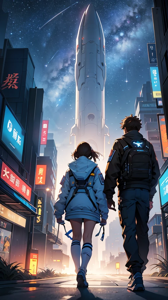 1 girl and 1 boy taller than the girl, with astronaut suits without helmet, boarding a spaceship, Brown hair, back view, view of big and futuristic spaceship, futuristic city, The city is illuminated with streetlights, of the highest quality、animated landscape、Xin Haichen、building、field、Milky Way 110207，（zoom out：1.1），（meteor：1.2）、（comet：1.1，Your name、low angle、from behind、ALLOWED、of the highest quality、masterpiece、cloud、showy、starry sky、performer、