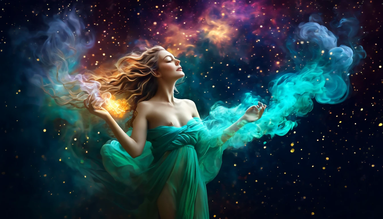 Digital painting by MSchiffer of a female Goddess, her physical body is transforming into smoke, wearing elegant robes as clothing that flows in the air in a waving way, perfectly detailed delicate face, soft features, the environment is the heart of a heavenly forest with trees and vines made out of nebulas and stars, in a classical style, celestial and cosmic, bold colors, soft billowing smoke, glowy cosmic flowers, billowing, cinematic lights, fantasy art, surreal, high contrast, HDR+, bokeh effect, cosmic, cosmos, nebula