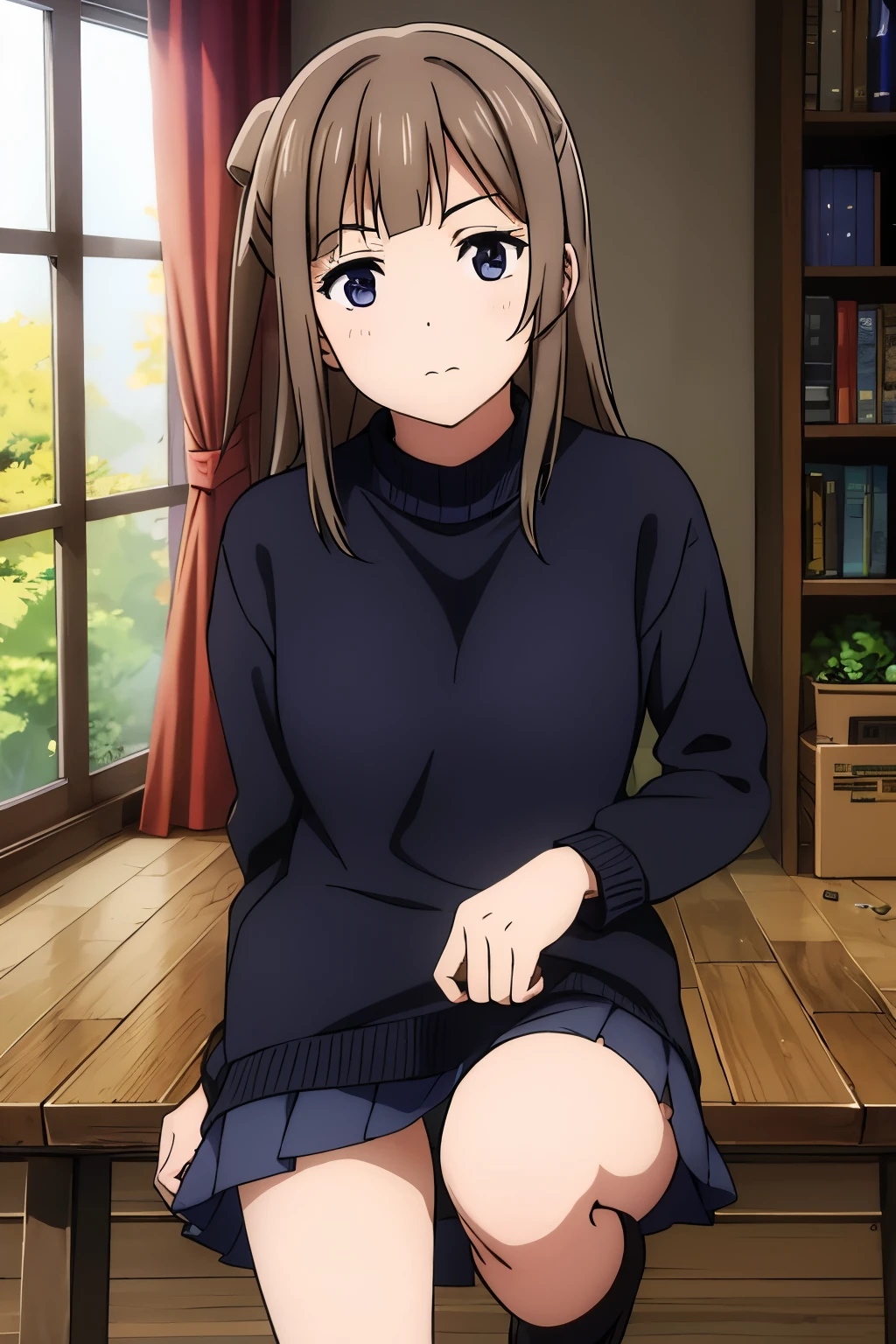masterpiece,highres,high quality,extremely detailed, chocolate brown hair, lilac eyes, black skirt, gray blouse, black sweater, black long socks, black high-top closed-toe shoes