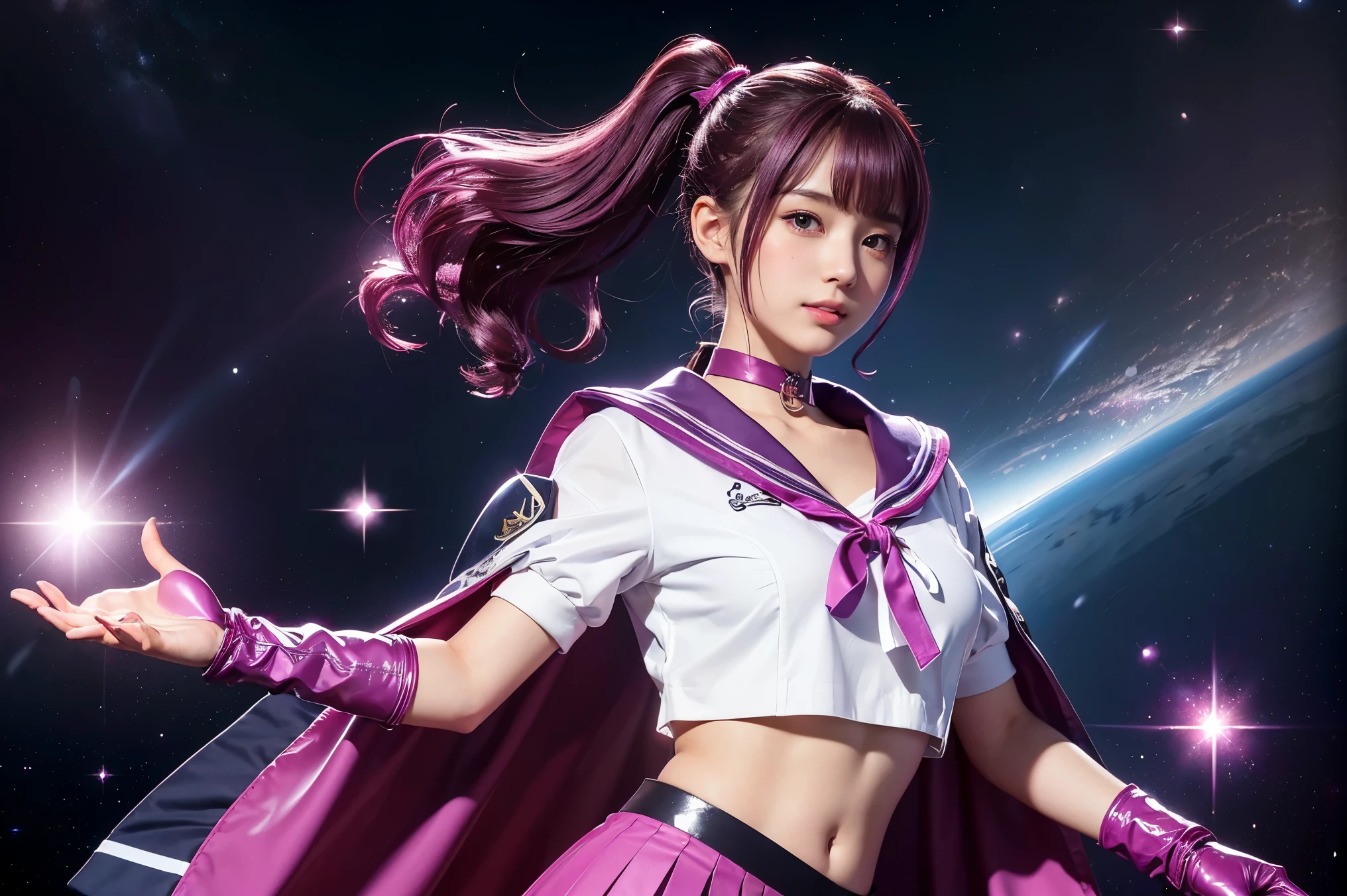 (((wavy ponytail hair、Magenta hair)))、(((A Japanese girl wearing a shiny magenta short-sleeved sailor uniform with elbow gloves and a cloak over it.,smile)))、(((Magenta latex sailor collar)))、(((Magenta Latex Pleated Skirt)))、choker、Earrings、ribbon、((belly button))、 (((Sailor Warrior Uniforms)))、、Beautiful ornaments: 美しいPerfect Face, Soft Skin、Perfect Face, Intricate details, Splash screen, 8k resolution, masterpiece, Cute Face、(((Space Background)))、Queen of Queenasterpiece, Highest quality, Highest quality, Official Art, Beauty and aesthetics: 1.2), (One girl: 1.3)