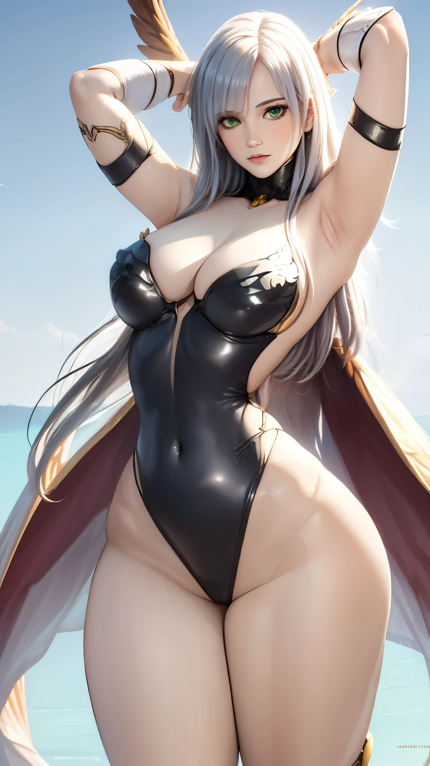 (1 girl, Alone, masterpiece, 4k, Best Quality:1.2, ((cowboy shot)), Best Quality:1.2, good hands, showy, (perfect hands, perfect anatomy)),
Morrigan Aensland, green eyes, green fur, by the wide, blunt bangs, head wings, pink lips, leotard, bare shoulders, orange bridal gauntlets, bat wings, purple pantyhose, bat print, black shoes, ((under the chest)), ((arms up, hands behind head)),
((big breasts, big hips, looking at the viewer, neckline)),
((simple background, White background)),