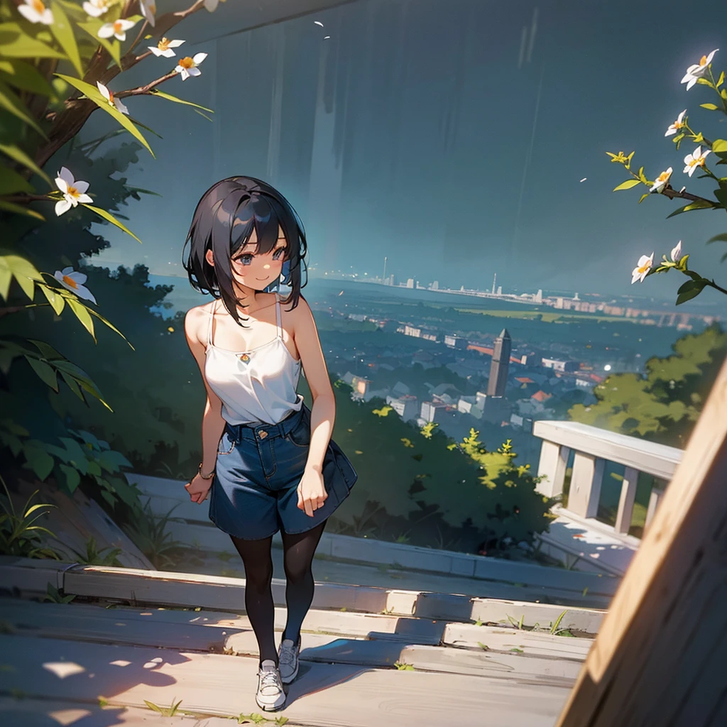 (high quality, High resolution, Very detailed, reality:1.37), Peaceful atmosphere, (Outdoor, garden), Teenage girl standing alone, (my breasts are big.), Beautiful details, Cute Smile, (Black bob hair), camisole, Denim skirt, Black tights, sneakers.