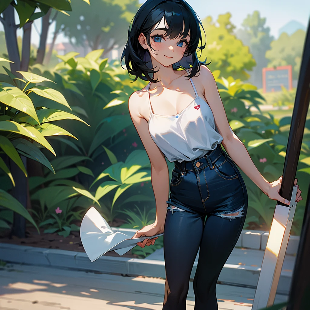 (high quality, High resolution, Very detailed, reality:1.37), Peaceful atmosphere, (Outdoor, garden), Teenage girl standing alone, (my breasts are big.), Beautiful details, Cute Smile, (Black bob hair), camisole, Denim skirt, Black tights, sneakers.