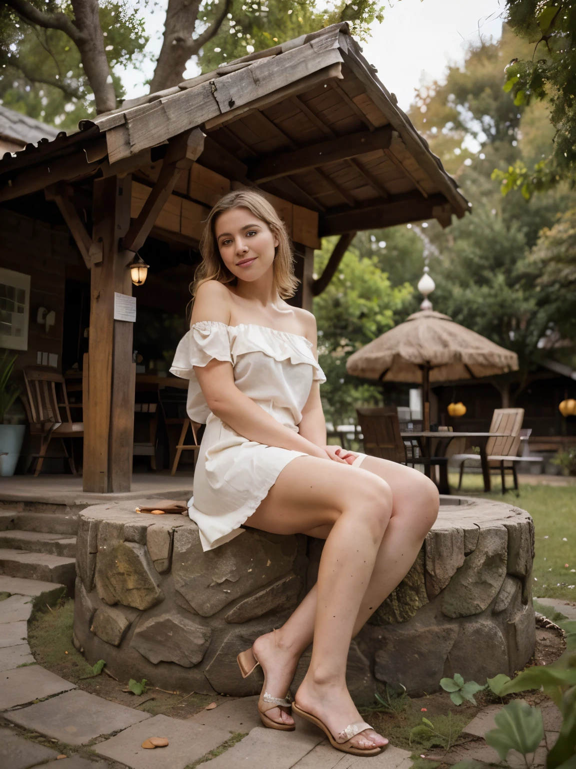 A slender, blond woman sits comfortably on the edge of a central stone well in a small village nestled in the Madeira mountains. She has her legs spread casually, enjoying the cool shade provided by a large, ancient oak tree behind her. Her curly blond hair flows freely, catching the gentle breeze. She wears a light, off-shoulder white dress with delicate lace details, the soft fabric draping elegantly over her sun-kissed skin. A pair of simple sandals adorn her feet, completing her relaxed and summery look.
The village square is tranquil and picturesque, bathed in the warm glow of the afternoon sun. Traditional Madeiran houses with red-tiled roofs surround the square, adding a charming, rustic feel. The central stone well, where the woman sits, is a focal point, its timeworn stones telling tales of the village's history. The well's cool, clear water glistens in the dappled sunlight filtering through the oak's leaves. A small café nearby is bustling with life; people sit at outdoor tables, enjoying coffee and light conversations. The atmosphere is lively yet relaxed, with the gentle hum of voices mingling with the soft clinking of coffee cups. The woman, content and at ease, watches the simple village life unfold around her, taking pleasure in the serene and inviting setting.
Goldfish, water lilies, dragonflies, moss-covered rocks, cattails, willow tree, blooming wildflowers, daisies, butterfly, pebble path, wild grasses, ferns, reeds, lily pads, tall pine trees, maple trees, spruce trees, birch trees, fallen leaves, mushrooms, wild berries, mossy logs, clover patches, dragonflies, bees, birds, squirrels, chipmunks, rabbits, deer, wild ducks, turtles, herons, hawks, eagles, otters, frogs, salamanders, fresh water springs, natural rock formations, forest underbrush, forest canopy, fallen branches, tree stumps, wildflowers in bloom. torn dirty muddy clothes, bare pussy, bare breasts, hard niplpes, aroused happy smiling 27year blond mature seductive woman.