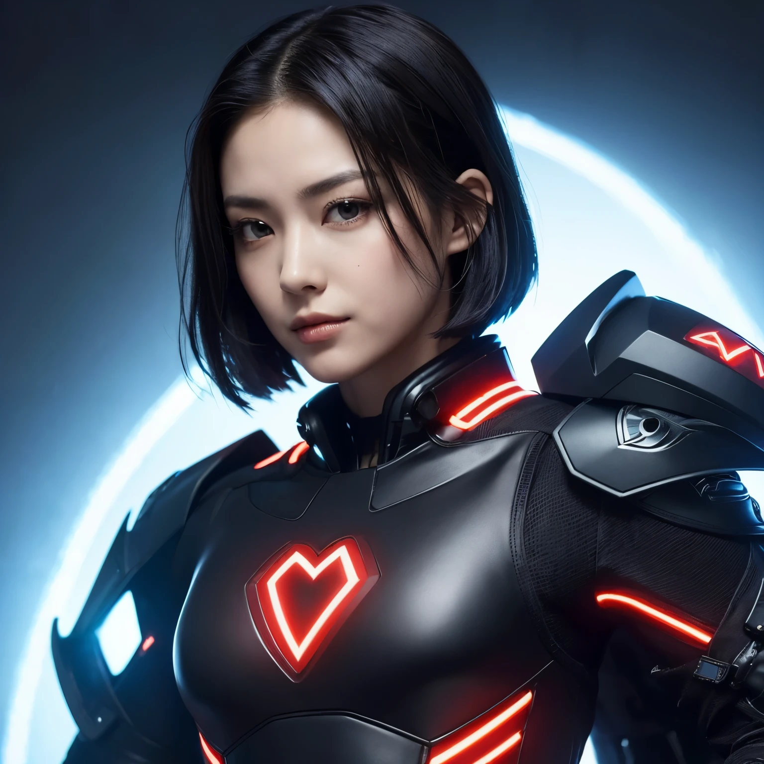 (Highest quality:1.2),(On the rubble of a collapsing city),(Perfect Beautiful Face 1.2, Cool look, Thick eyebrows, Strong-willed eyes, Invincible smile),(Perfect and beautiful posture:1.2),((Android female warrior, Muscular々physique of)), (((muscle)), (Short black hair),Clear Eyes,((Burning heart logo, Red accent on black background:1.2, Cyber Suit, Shoulders are exposed))