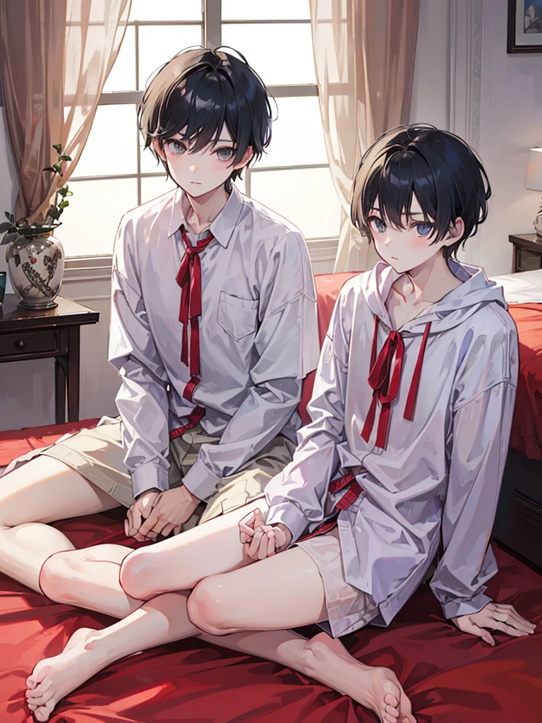 ((Older brother and younger brother)),Two boys with short hair,shibari over clothes,and sit on the bed,(nsfw:0.8),Full body picture,