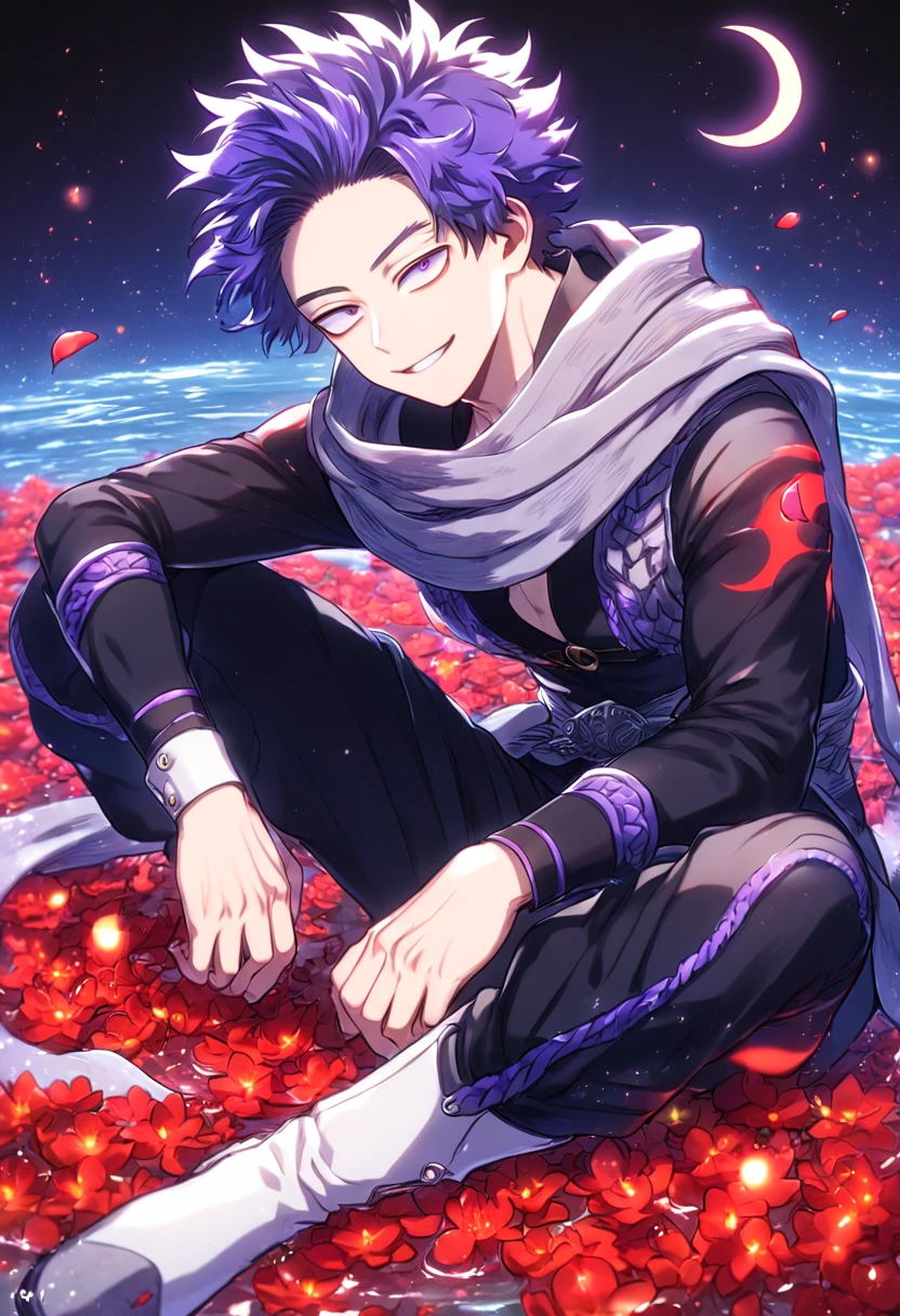 absurdres, highres, ultra detailed, HDR, master piece, Shinsou Hitoshi, indigo hair, messy hair, expressive purple eyes, gray scarf, black clothes, black pants, white boots, Boku No Hero Academia, sexy man sitting, handsome, best quality, red glittering crescent moon, red flowers, fantasy, magical, solo, water, red shining fireflies, red petals, sensual, handsome smile
