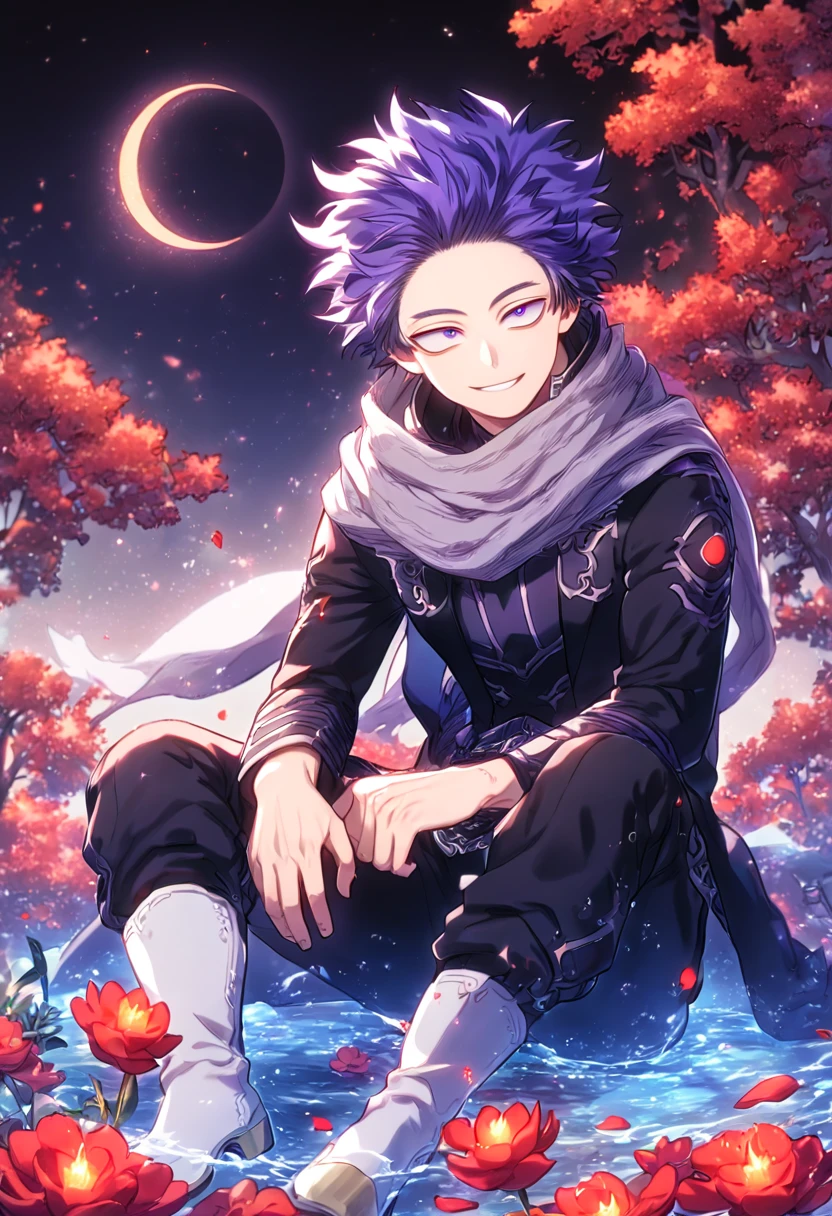 absurdres, highres, ultra detailed, HDR, master piece, Shinsou Hitoshi, indigo hair, messy hair, expressive purple eyes, gray scarf, black clothes, black pants, white boots, Boku No Hero Academia, sexy man sitting, handsome, best quality, red glittering crescent moon, red flowers, fantasy, magical, solo, water, red shining fireflies, red petals, sensual, handsome smile