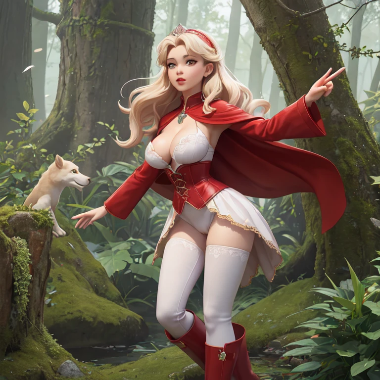 Mature - Huge tits - Cameltoe - nipples - vetements transparents - Version adulte et très sexy du Petit Chaperon Rouge aux formes généreuses. Elle avance vers la caméra en se dehanchant. Elle porte une cape rouge audacieuse et un ensemble révélateur, avec un corset en dentelle rouge et une jupe très courte en latex rouge révelant une culote en dentelle blanche avec cameltoe. Ses bottes montantes et son expression confiante ajoutent à son allure séduisante. Ses cheveux longs et bouclés tombent en cascade autour de son visage. A ses côtés, se tient un loup imposant et menaçant, qu'elle tient par le colier, regardant vers l'horizon. La posture protectrice attentive du loup contrastent avec son apparence féroce. Le loup porte un collier élégant pour symboliser sa domestication. L'arrière-plan est une forêt dense et mystique, avec des arbres anciens et une lumière tamisée qui filtre à travers le feuillage, créant une ambiance féerique. L'illustration doit être réalisée dans un style artistique détaillé et enchanteur, rappelant l'esthétique des contes de fées