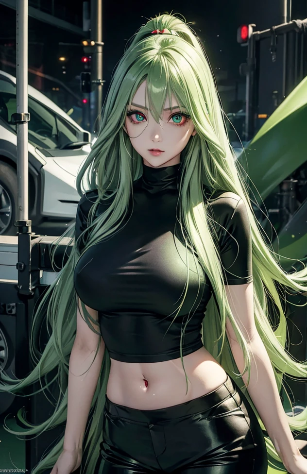 Woman with long hair straight, green hair, high detailed, realistic, ultra realistic, villain, black shirt and short pant, green acid spray mouth, ((red pupils eyes))