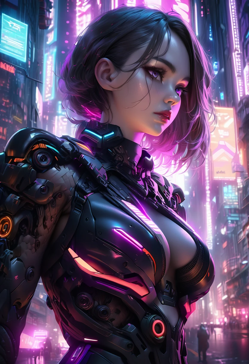 cyberpunk ninja girl, 1girl, detailed face, beautiful detailed eyes, beautiful detailed lips, extremely detailed facial features, longeyelashes, cyborg, futuristic armor, cyberpunk outfit, high tech, glowing lights, neon city background, atmospheric lighting, cinematic, dramatic, moody, dark, detailed, intricate, masterpiece, (best quality,4k,8k,highres,masterpiece:1.2),ultra-detailed,(realistic,photorealistic,photo-realistic:1.37),cinematic lighting,dramatic shadows,vibrant neon colors