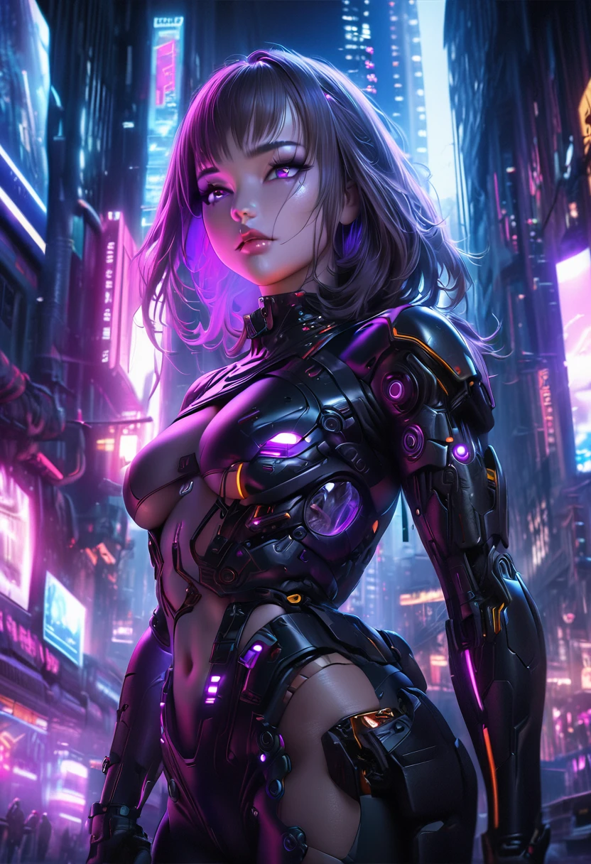 cyberpunk ninja girl, 1girl, detailed face, beautiful detailed eyes, beautiful detailed lips, extremely detailed facial features, longeyelashes, cyborg, futuristic armor, cyberpunk outfit, high tech, glowing lights, neon city background, atmospheric lighting, cinematic, dramatic, moody, dark, detailed, intricate, masterpiece, (best quality,4k,8k,highres,masterpiece:1.2),ultra-detailed,(realistic,photorealistic,photo-realistic:1.37),cinematic lighting,dramatic shadows,vibrant neon colors