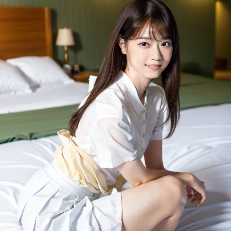 (Masterpiece, Best quality: 1.2), (Aerial shot: 1.3), (From side: 1.3), Looking at viewer, kneeling, Natural light, 20 years old actress, Japanese women, Neat and clean, ((Wearing white tennis uniform, White polo shirt with collar, Not buttoning the polo shirt, White tennis Skirt, White pleated skirt: 1.2)), (High ponytail: 1.2) Medium wavy hair, (Beautiful Face), Glossy brown hair color, clear, (Beautiful detailed eyes, Kind eyes), (Clear skin), Small face, Beautiful small mouth, Natural makeup, Approachable, Hotel rooms, On bed, White socks, Seductive smile, Seductive pose,