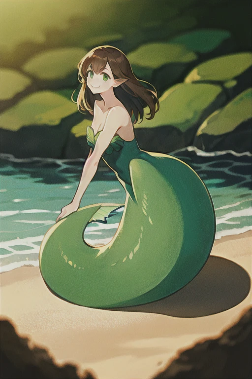 1girl, mermaid, fins, smile, full body, Original Character, Volumetric Lighting, Best Shadows, Shallow Depth of Field, Stunningly Beautiful Girl, Delicate Beautiful Attractive Face. Green eyes, brown hair.