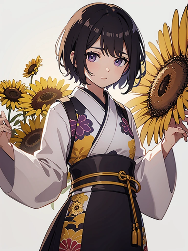 (White background: 1.4), (White dirt road, Oriental elements), (Nature illustration summer: 1.3, Paper art: 1.3, Quilted paper art: 1.2), (Reasonable design, clear lines, high definition, best quality, highly detailed, Maste piece, Cinematic light effects, 4K) (Sunflowers, Soap bubbles: 1.0), brown Short hair, purple eyes,kimono,Watch the fireworks
