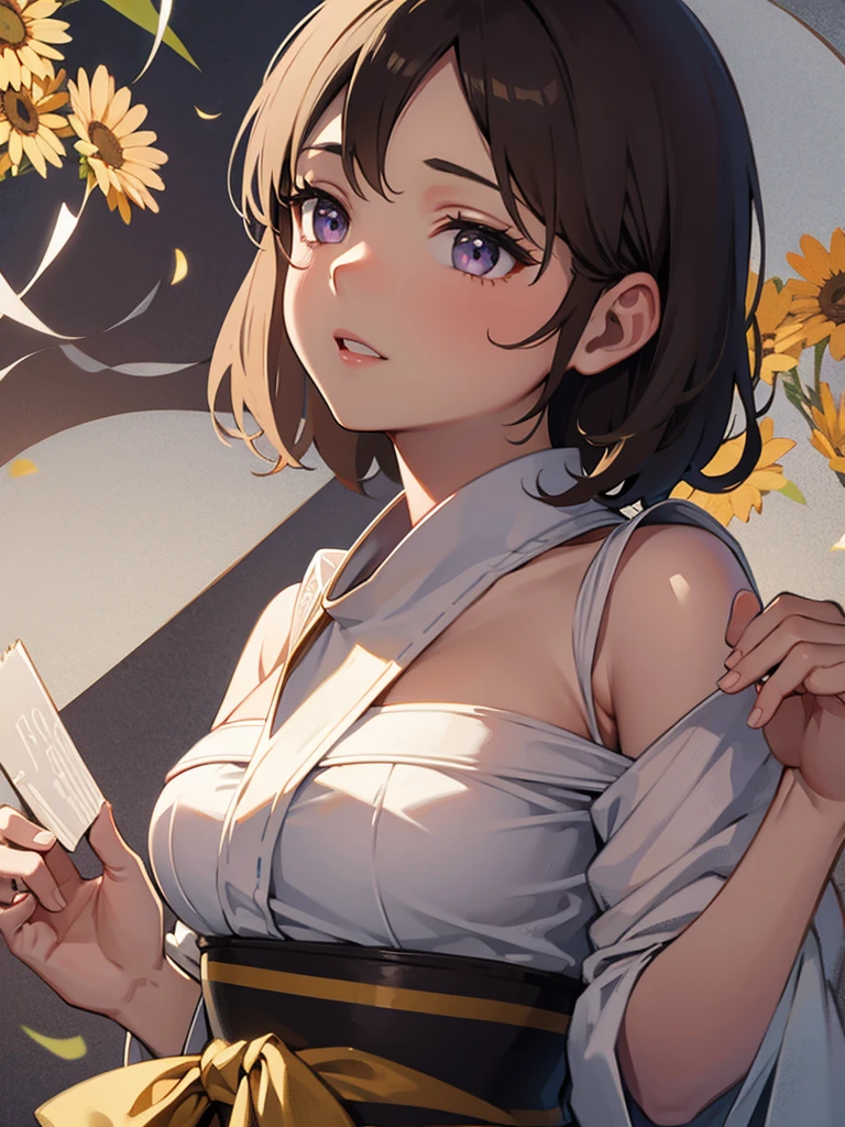 (White background: 1.4), (White dirt road, Oriental elements), (Nature illustration summer: 1.3, Paper art: 1.3, Quilted paper art: 1.2), (Reasonable design, clear lines, high definition, best quality, highly detailed, Maste piece, Cinematic light effects, 4K) (Sunflowers, Soap bubbles: 1.0), brown Short hair, purple eyes,kimono,Watch the fireworks