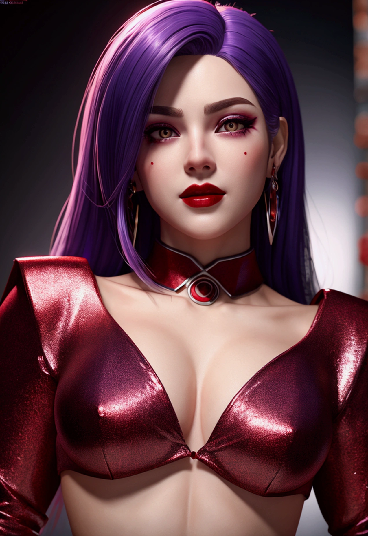 a beautiful woman with black and purple hair, detailed facial features, wearing a red outfit, full body, realistic face, realistic background, maximum face detail, detailed background, cinematic lighting, hyper-realistic, vibrant colors, 8k, high resolution, masterpiece