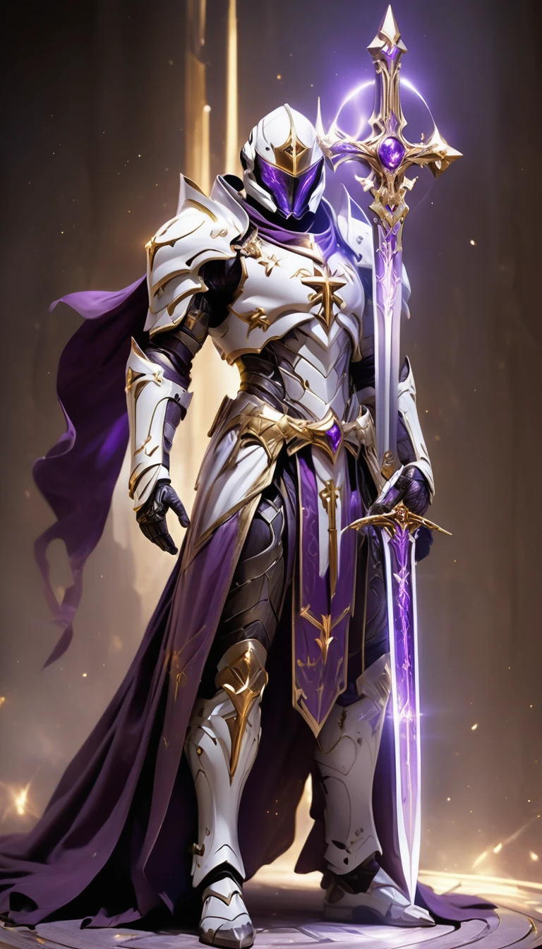 Masterpieces, male, Holy white Knight, (white armor) Action style shot, Glowing purple colored Christian cross on chest made of a large gem on chest (Battle Priest in a warframe and halo style armor wielding a glass sword with radiant purple light, emanating potent gold light magic.), (action shot: brandishing radiant glass sword), (white, purple and silver color scheme), (5 purple gems on belt), (large Christian cross on chest and abdomen), (purple magic effects), (purple half cape), white and red tabard (solid gold color background), (gold magic background effects), centered, full body shot fighting, sci-fi knight, Halo master chief, vibrant colors, visible figure joints, cinematic shot, volumetric lighting, intricate pattern detail, highly detailed