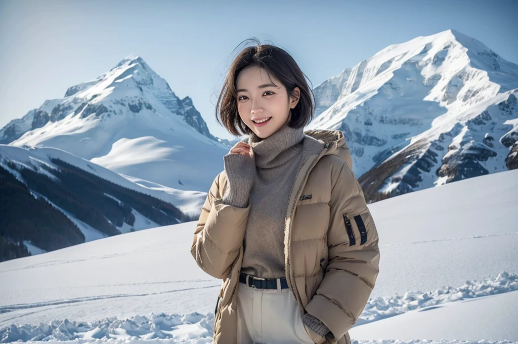 (detailed fingers), short medium hair를 가진 50대 한국 여성, smiling face, short and , very beautiful.!, Get inspired by Son Ye-jin, photo realistic beautiful face, big eyes,double eyelid, black eye, short medium hair, alone, Switzerland, The Jungfrau snowfield can be seen in the distance.. winter, Luxury brand black goose down jacket, highnecksweater, Wearing beige jean pants,, (Close-up with Canon camera 16-35 wide angle lens, The white snow of Jungfrau can be seen in the distance.. Visible up to the waist, Woman in her 50s