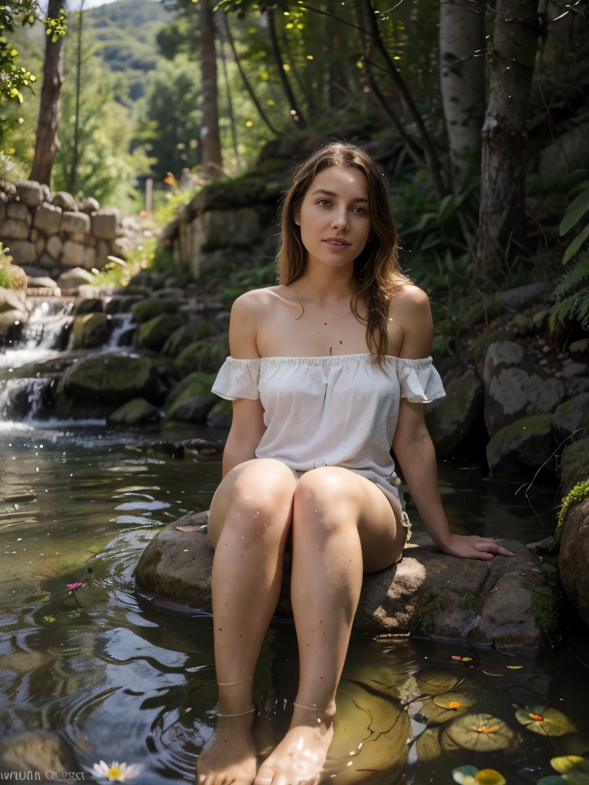 A blond, slender woman, slightly smiling and radiating a relaxed aura, lounges in a shallow creek amidst the high mountains of Madeira. Her curly blond hair cascades around her shoulders, tousled by the gentle breeze. She wears a light, off-shoulder white blouse with delicate lace trim, casually pulled off one shoulder, and a pair of light denim shorts. Her bare feet rest in the cool water, with a sense of ease and comfort emanating from her pose.
The setting is a hot summer day, with the bright sun illuminating the lush, green mountain landscape. The creek's crystal-clear water flows gently over smooth, rounded stones, creating a soothing sound. Around her, the vibrant greenery is interspersed with colorful wildflowers, adding pops of color to the verdant scene. The air is filled with the earthy scent of wet rocks and the sweet aroma of blooming flora. Ferns and moss cling to the rocks along the creek, and the shade from overhanging trees provides a cool respite from the heat. The backdrop includes terraced slopes and distant peaks, shrouded in a soft, hazy light. The woman, basking in the tranquil beauty of the creek and the surrounding nature, exudes a peaceful and carefree vibe.
Goldfish, water lilies, dragonflies, moss-covered rocks, cattails, willow tree, blooming wildflowers, daisies, butterfly, pebble path, wild grasses, ferns, reeds, lily pads, tall pine trees, maple trees, spruce trees, birch trees, fallen leaves, mushrooms, wild berries, mossy logs, clover patches, dragonflies, bees, birds, squirrels, chipmunks, rabbits, deer, wild ducks, turtles, herons, hawks, eagles, otters, frogs, salamanders, fresh water springs, natural rock formations, forest underbrush, forest canopy, fallen branches, tree stumps, wildflowers in bloom. torn dirty muddy clothes, bare pussy, bare breasts, hard niplpes, aroused happy woman.