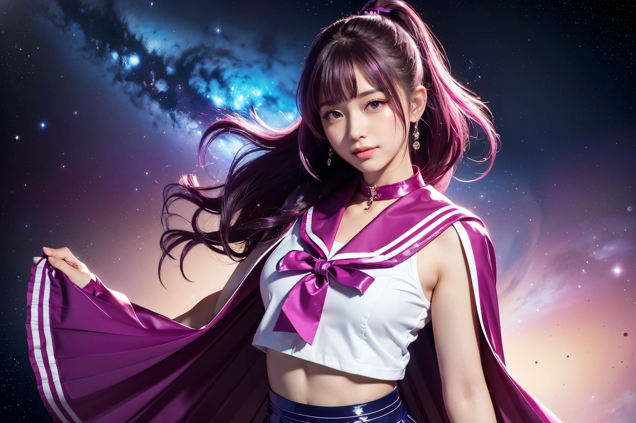 (((wavy ponytail hair、Magenta hair)))、(((A -yeld Jaese girl wearing a shiny magenta short-sleeved sailor uniform with elbow gloves and a cloak over it.,smile)))、(((Magenta latex sailor collar)))、(((Magenta Latex Pleated Skirt)))、choker、Earrings、ribbon、((belly button))、 (((Sailor Warrior Uniforms)))、、Beautiful ornaments: 美しいPerfect Face, Soft Skin、Perfect Face, Intricate details, Splash screen, 8k resolution, masterpiece, Cute Face、(((Space Background)))、Queen of Queenasterpiece, Highest quality, Highest quality, Official Art, Beauty and aesthetics: 1.2), (One girl: 1.3)
