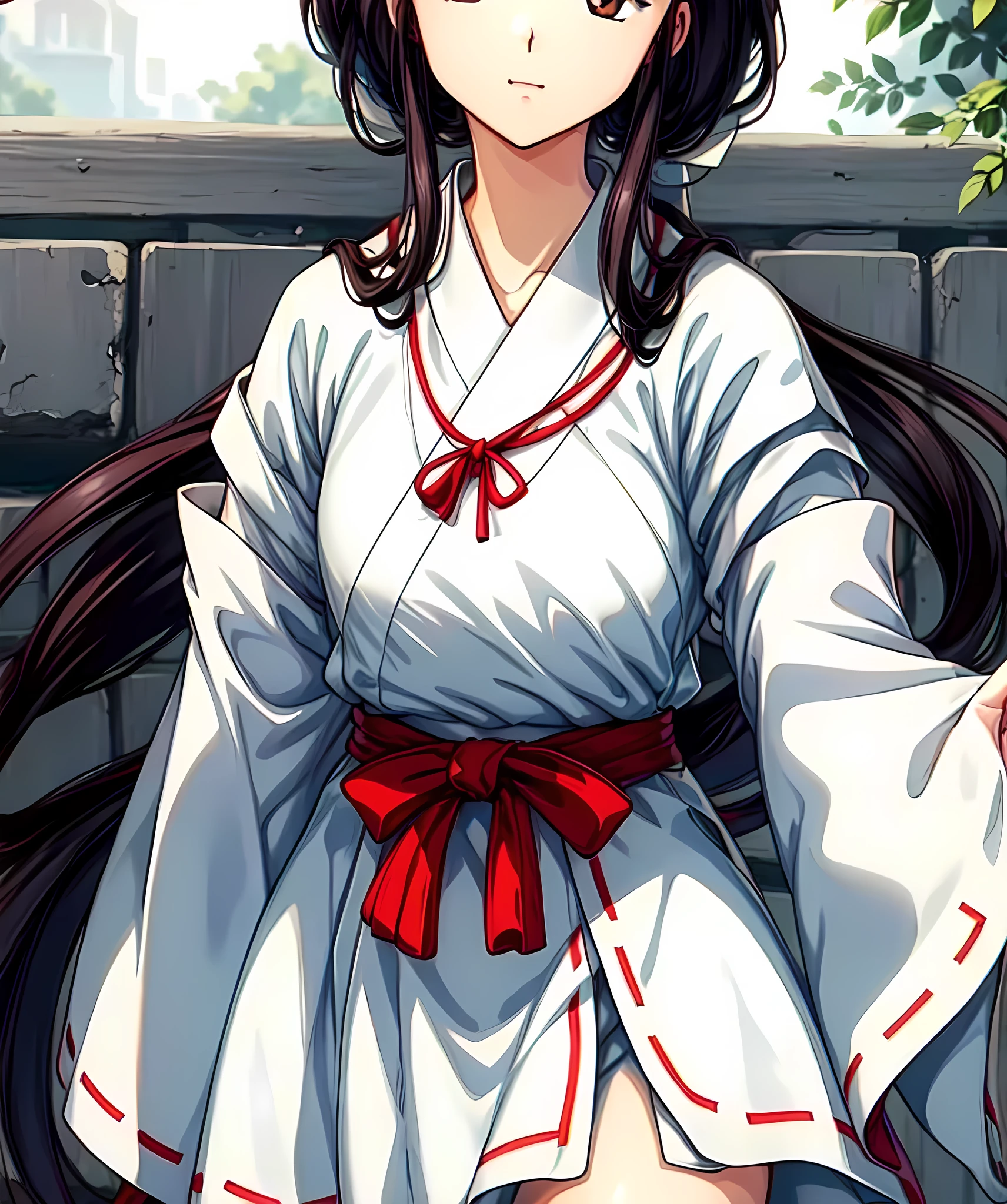 simple white background,
white kimono,white japanese clothes,wide sleeves,
(red_In addition:1.1),(red_Skirt:1.1),
hits, blunt hits, Brown eyes, by the wide,black fur,
1 girl, 20 years,young woman,beautiful Finger,beautiful long legs,beautiful body,
beautiful Nose,beautiful character design,

 Perfect eyes, perfect face,expressive eyes,perfect balance,
looking at the viewer,(Focus on her face),Closed mouth, (innocent_big_eyes:1.0),(light_smile:0.3),
official art,Extremely detailed CG unity 8k wallpaper, perfect lighting,showy, bright_Forehead_face_lighting,White skin,
(masterpiece:1.0),(better_quality:1.0), ultra high resolution,4k,ultra detailed,
Photography, 8k, HdR, High resolution, absurdities:1.2, Kodak photo 400, film grain, blurred background, bokeh:1.2, Lens flare, (Vibrant_Color:1.2),Photography profesional,
(beautiful,big_old:1.4), (beautiful_face:1.5),(narrow_waist),
mejor calidad, obra maestra,(un hombre maduro)  sesshomaru,((Parte superior del cuerpo, cabeza vuelta hacia un lado)), bosque japonés con un santuario al fondo,tiempo de día, de pie, pelo trim,  pelo
