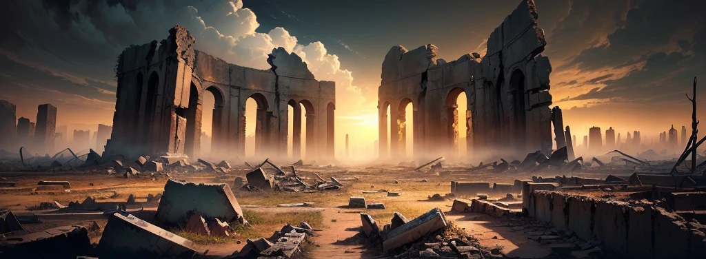 夕陽西下的一座ruins城市的阿拉法德圖像, post apocalyptic ancient ruins, dark ruins landscape, background is the ruins, ruins landscape, End of the world day background, ruins on the background, Doomsday environment, ruins of hell, doomsday landscape, End of the world day background, crumbling ruins, ominous End of the world day background, ruins, Apocalypse of Destruction and Despair, old ruins, dark city ruins ,((low angle shot 1.7)) ((Camera lens close to the ground to shoot 1.8))