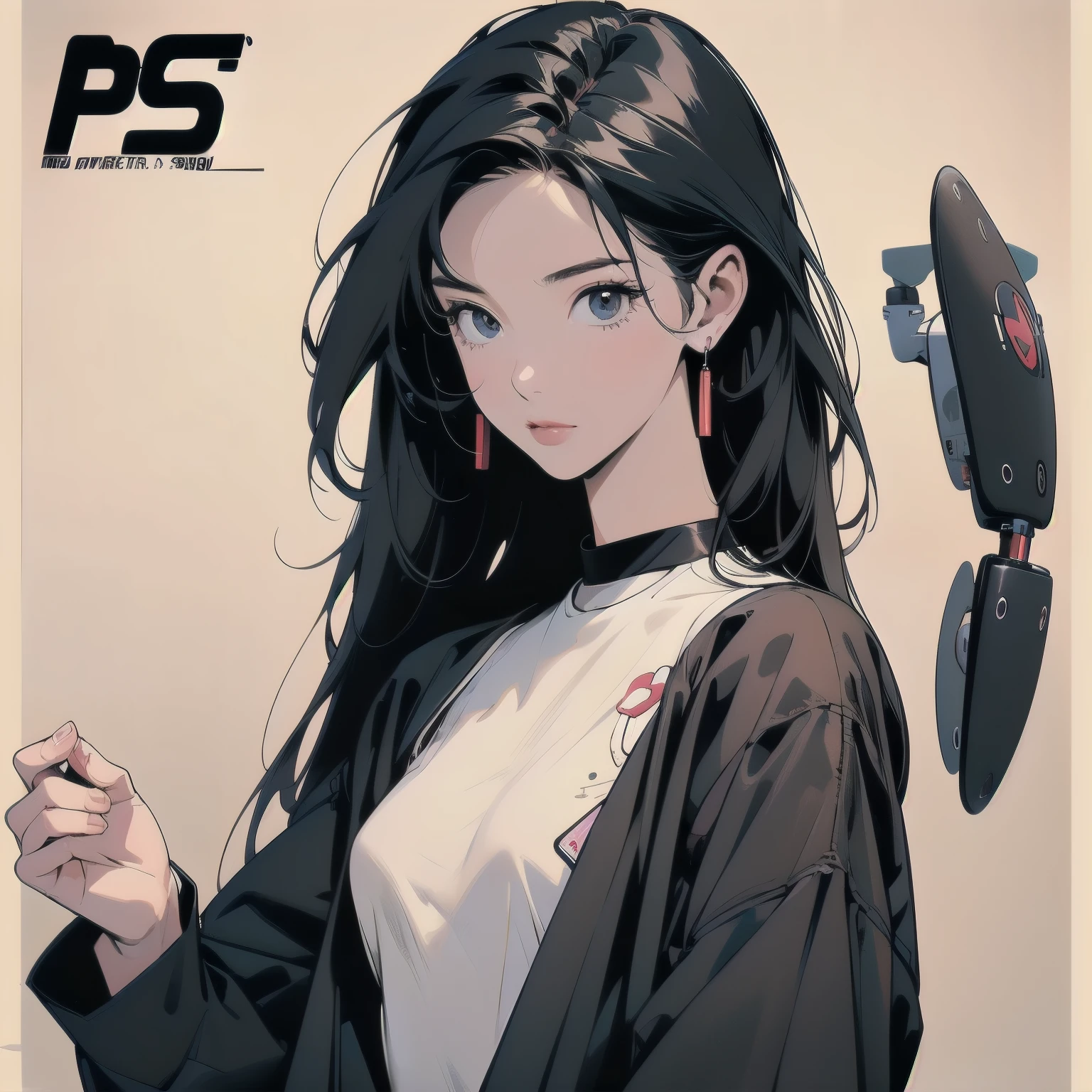 Trigun、Persona、Beautiful woman、Movie Posters、Upper Body、Model pose、mysterious、Small breasts、Black Hair、Short sleeve、(((A detailed and complex drone)))、(((The perfect drone)))